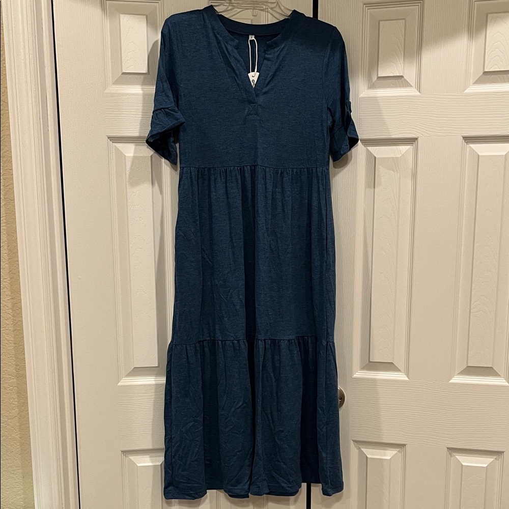 Casual Navy Blue Tiered Short Sleeve Women's Dress